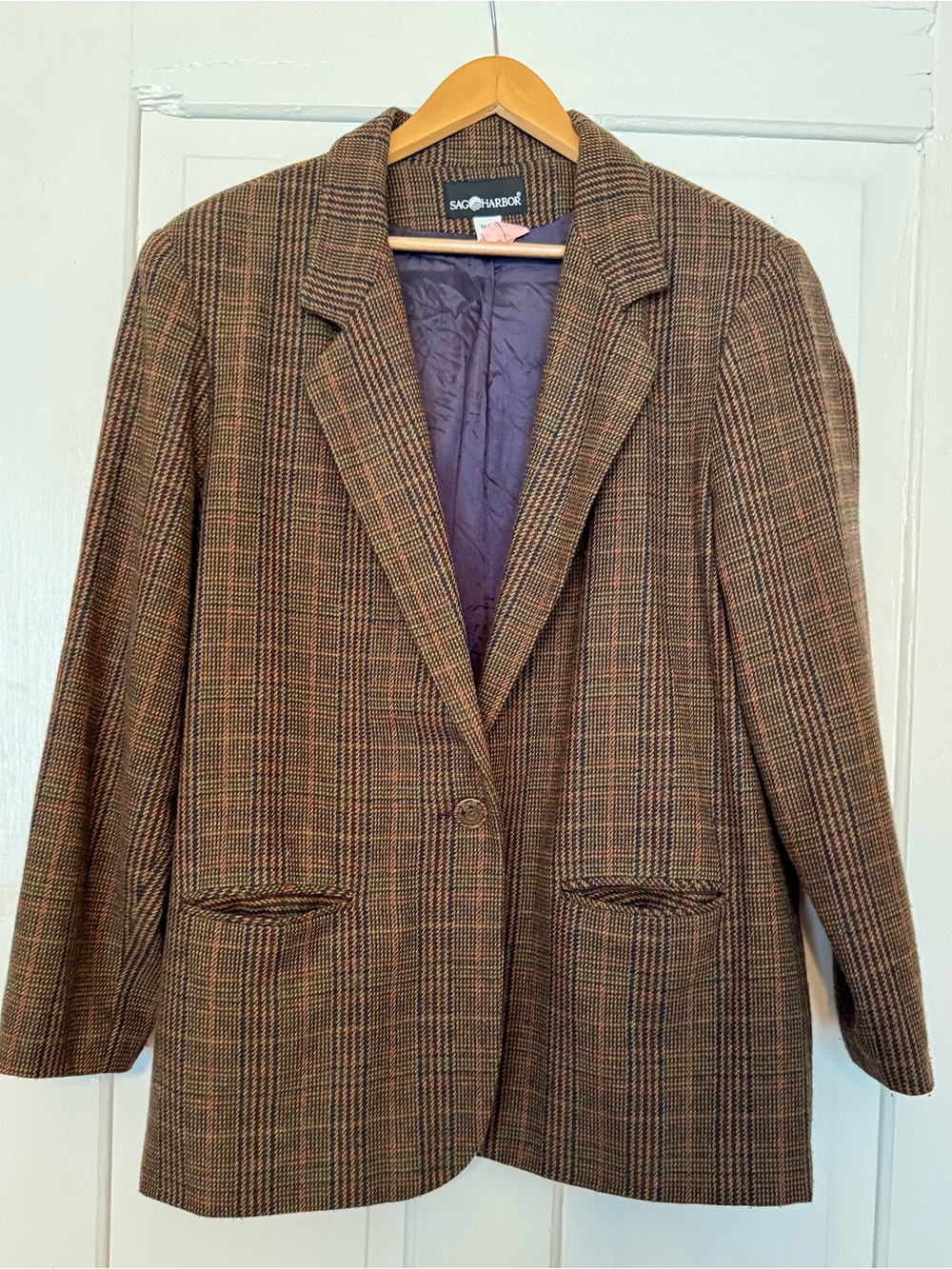 Vintage Sag Harbor Women's Brown Plaid Wool Blazer Jacket